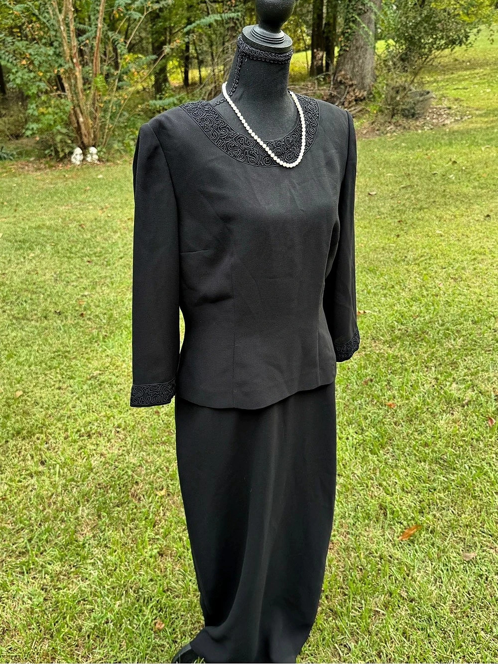 Vintage 90s Donna Morgan Black Soutache Embroidery Mock 2-Piece Midi Dress 10